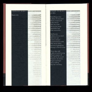 Image showing a later interior spread of the poems, printed in negative text in the black columns, and the successive layers of mirrored text printed in gray to the right.