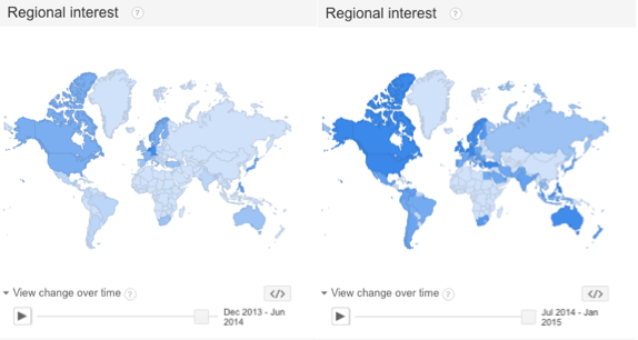 Maps showing the regional interest in the search term ALS on Google between Dec. 2013 and Jul. 2014