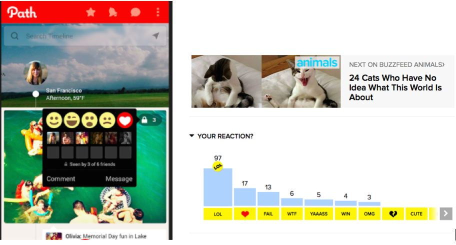 Figure 2: Different types of emoticon reactions at Path and Buzzfeed