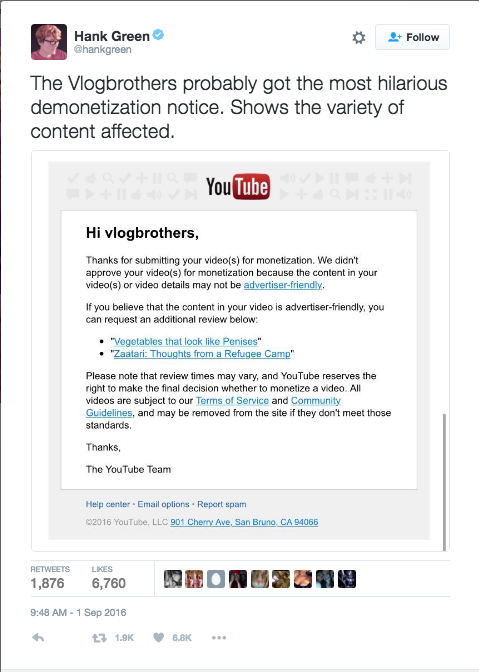 Image 1. A Famous YouTuber publicly sharing the notification about demonetization 