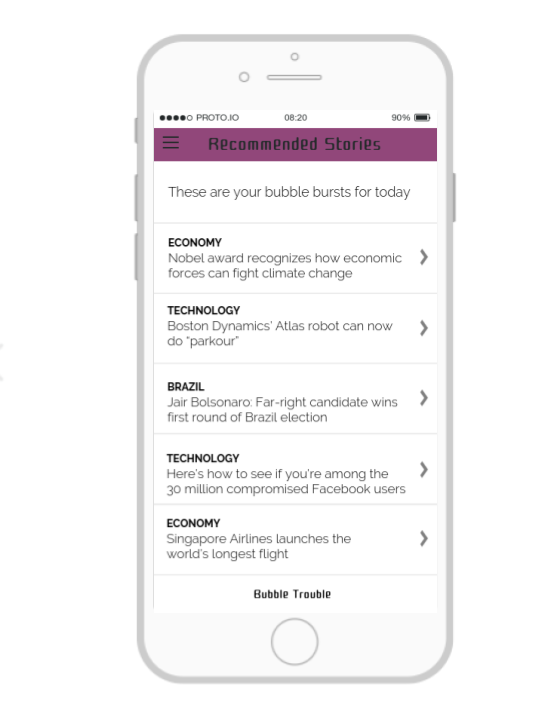 News stories recommended by the Bubble Trouble app (mock-up)